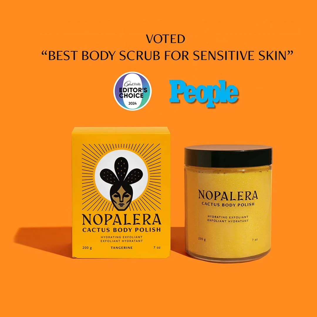 Nopalera Cactus Body Polish with packaging on an orange background, featuring People magazine's 'Editor's Choice' award.