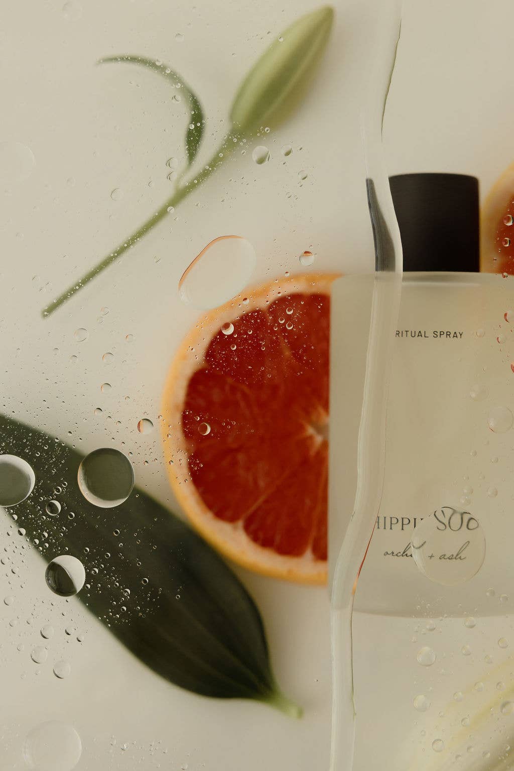 Grapefruit and bottle on a wet surface with leaves