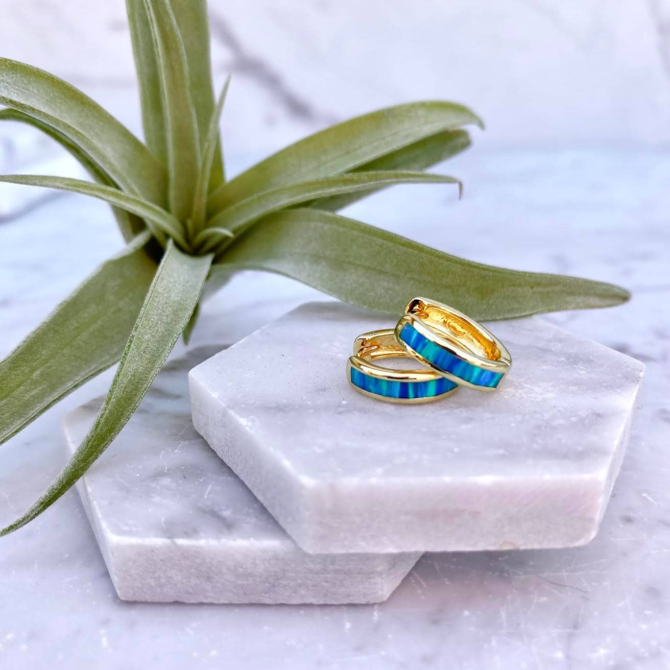 Blue Opal Inlay Mini Huggies