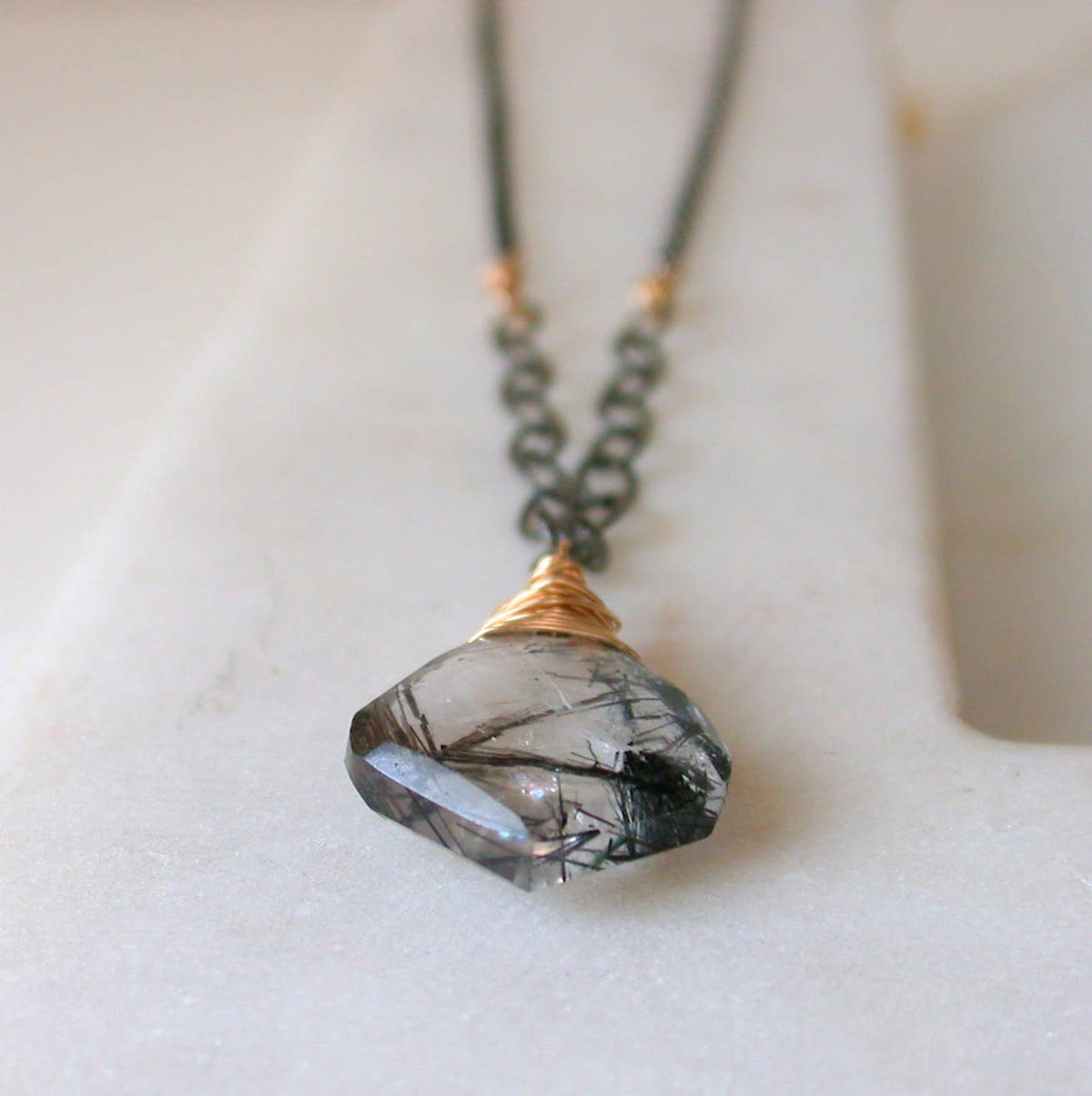 Rutilated Quartz and Mixed Metal Gemstone Necklace