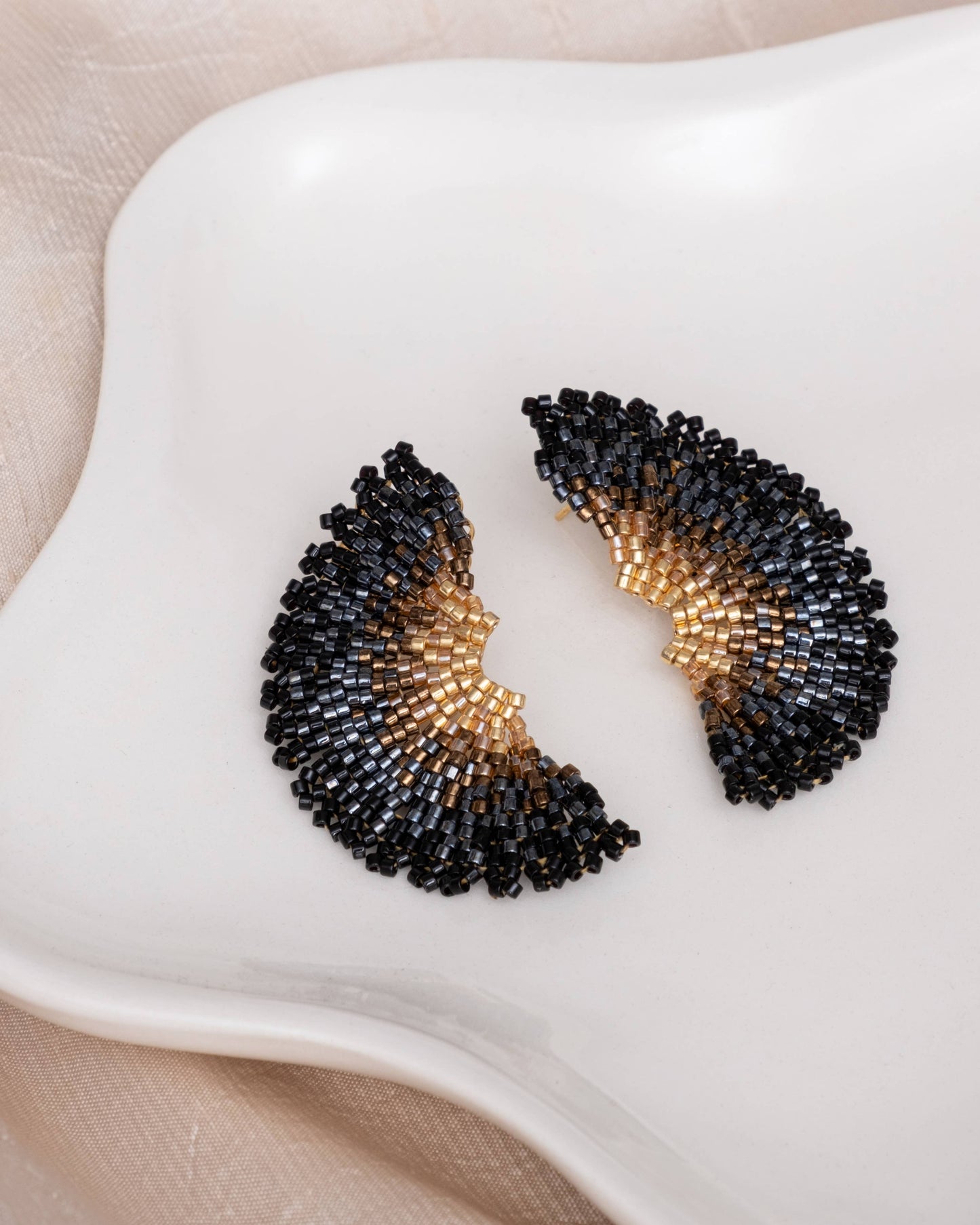 Beaded Handwoven Ginkgo Leaf Stud Earrings