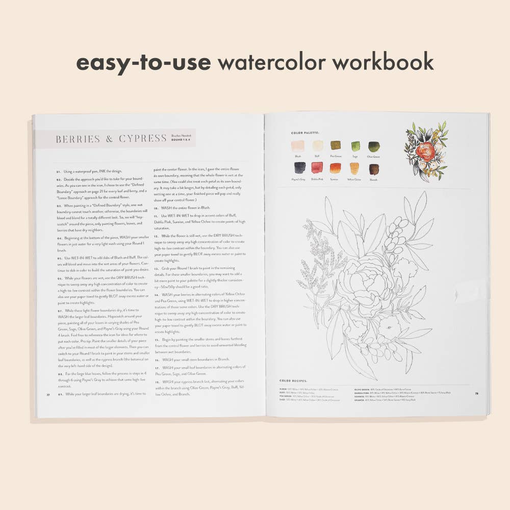 Open watercolor workbook with illustrations and text on a beige background