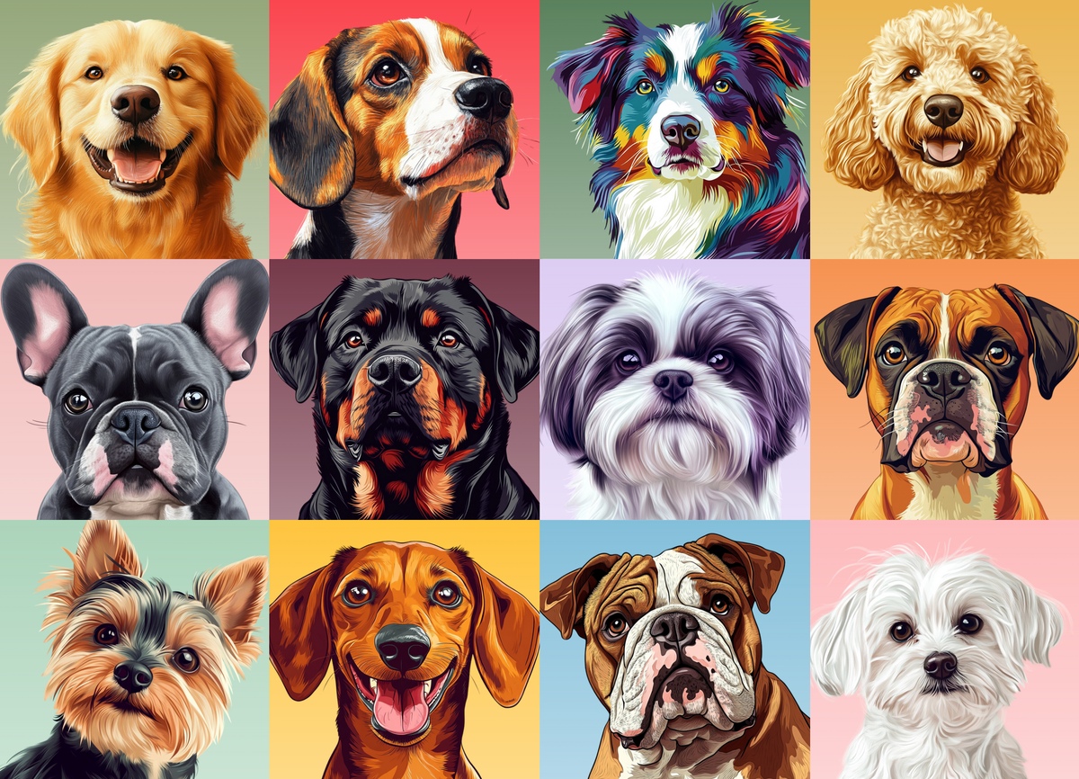 Grid of portraits of various dogs on colorful backgrounds