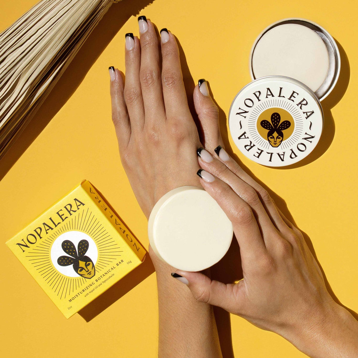 Nopalera skincare product on a yellow background with packaging.