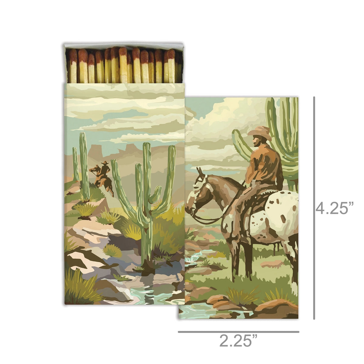Matchbox with desert scene design featuring a cowboy and cacti, with dimensions indicated.