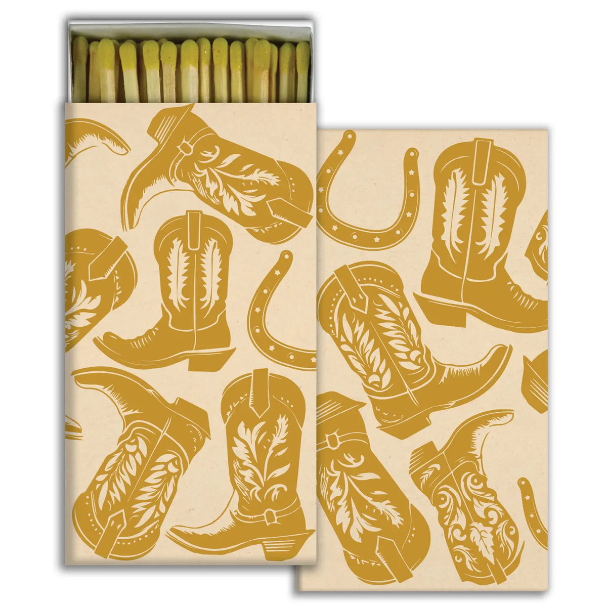 Matches with cowboy boot and horseshoe pattern on a beige background