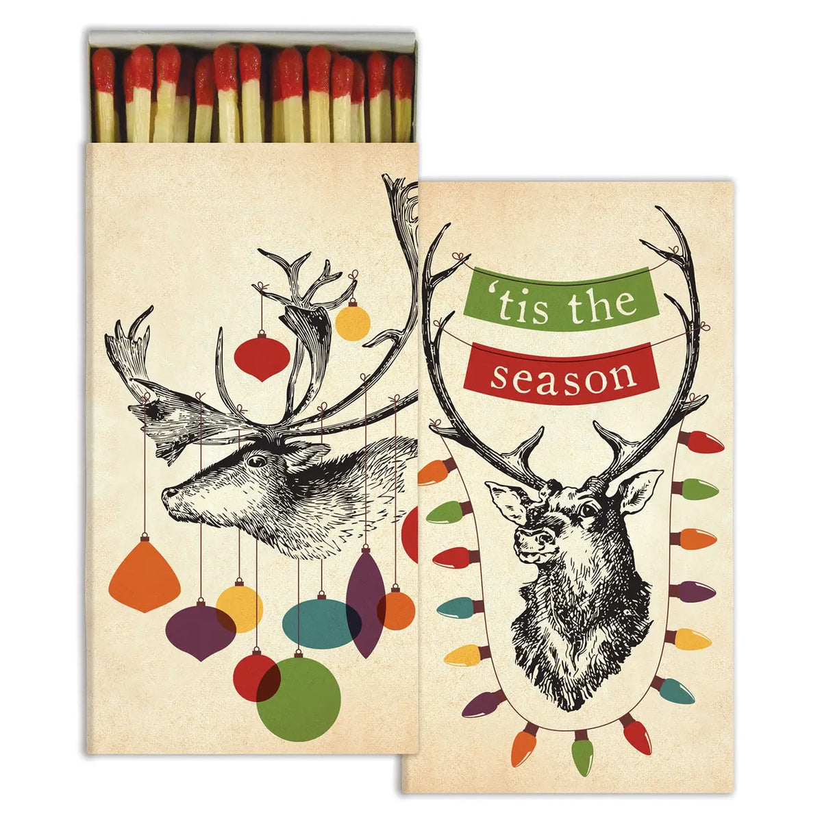 Matches with Christmas-themed design featuring deer and colorful lights on a beige background