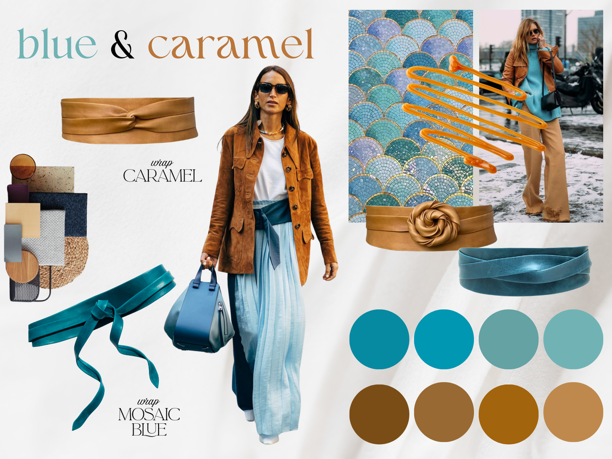 Fashion collage with blue and caramel color scheme, featuring a woman in a brown jacket and blue pants, accessories, and color swatches.