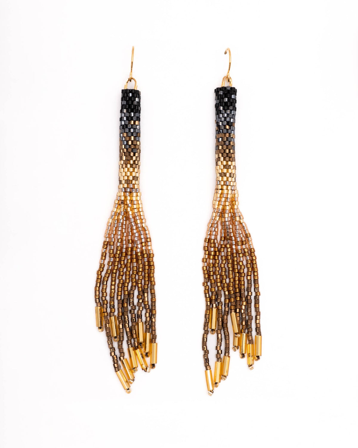 Pair of beaded tassel earrings with black and gold gradient on a white background