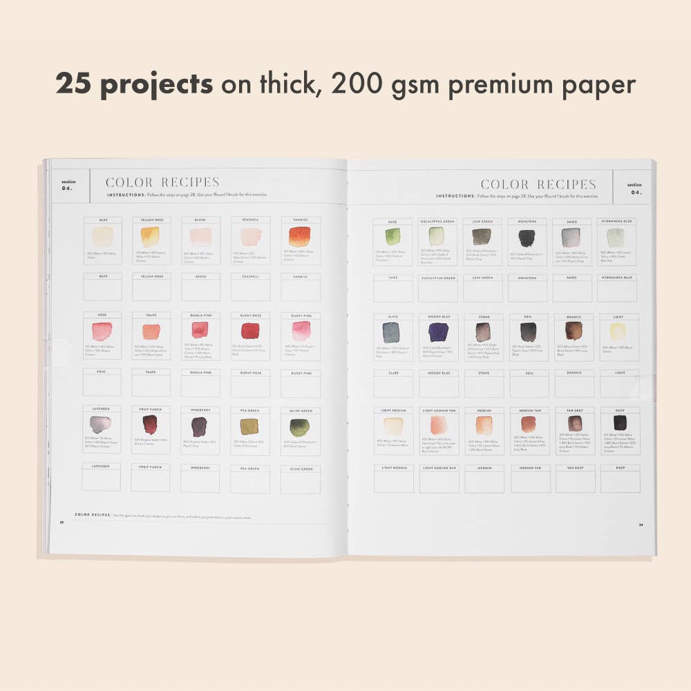 Open book showing color swatches on thick, 200 gsm premium paper