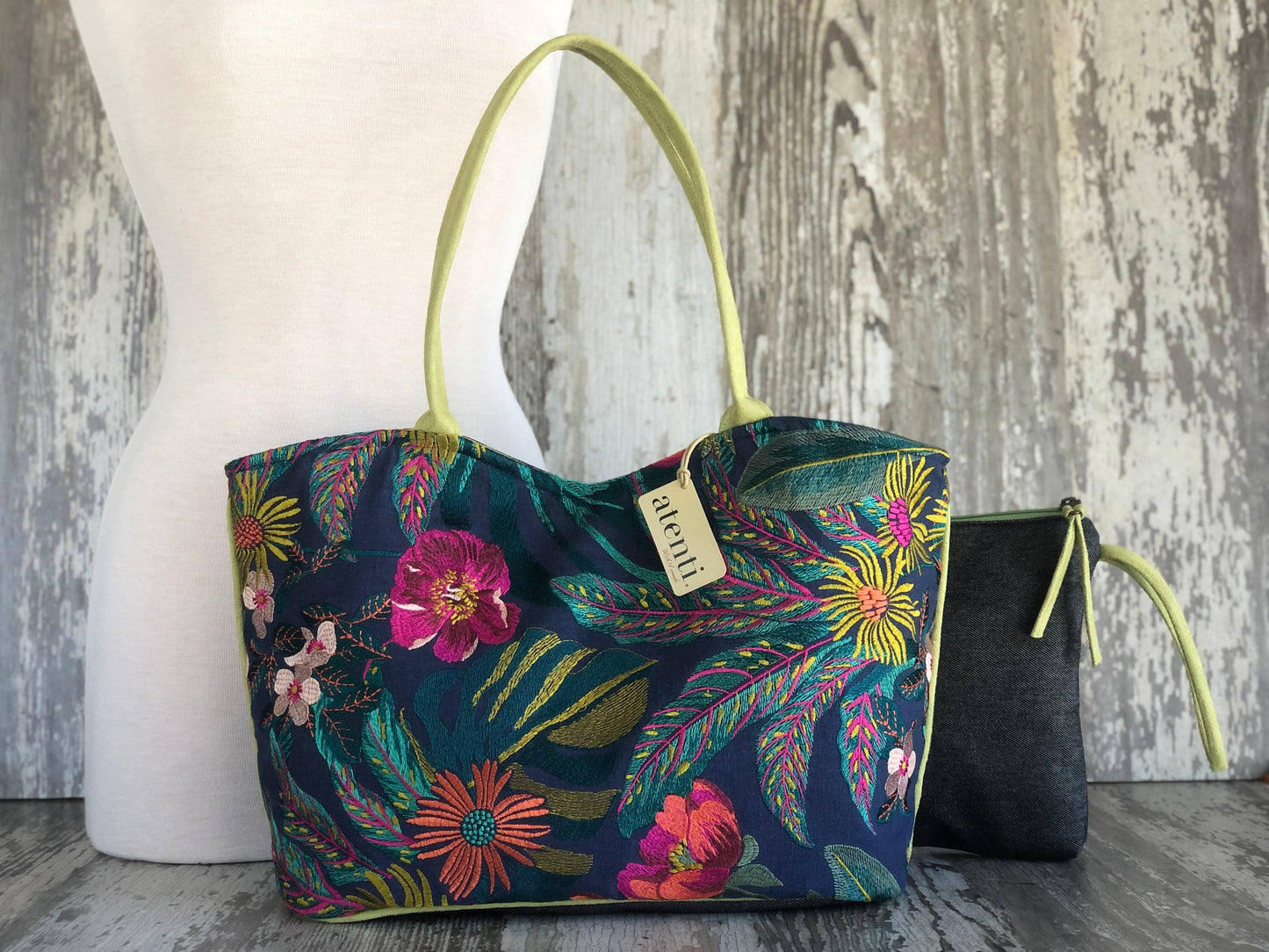Embroidered Floral Shoulder Bag and Pouch Set