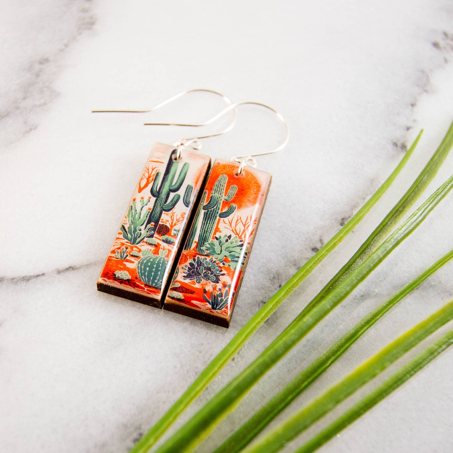 Vintage Western Desert Cactus Rectangle Earrings