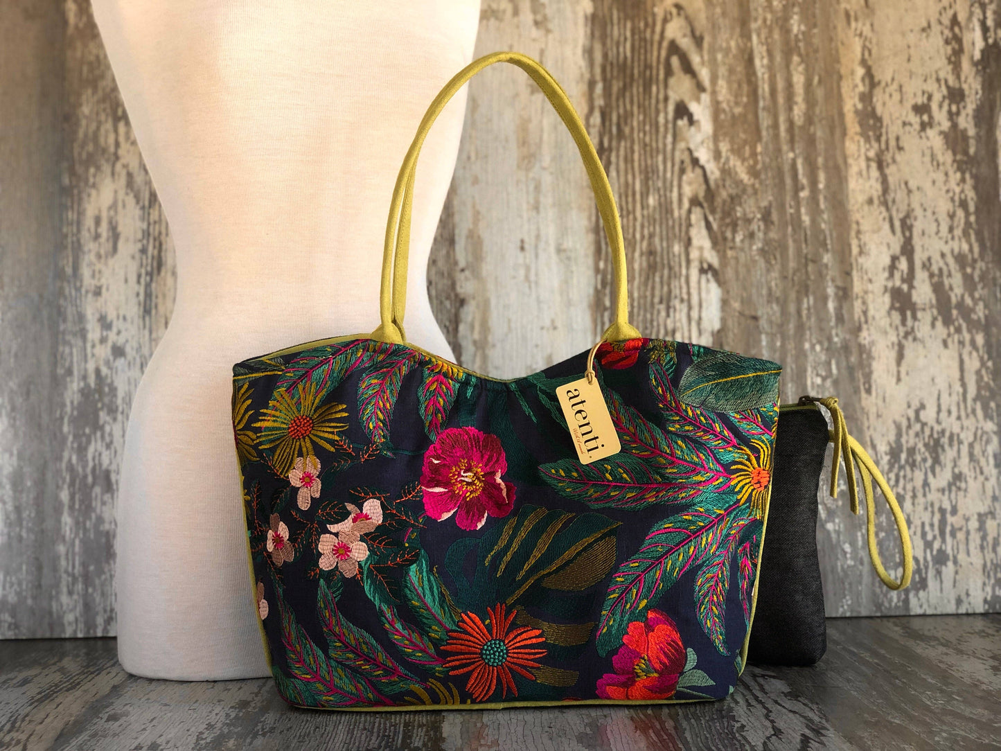 Embroidered Floral Shoulder Bag and Pouch Set