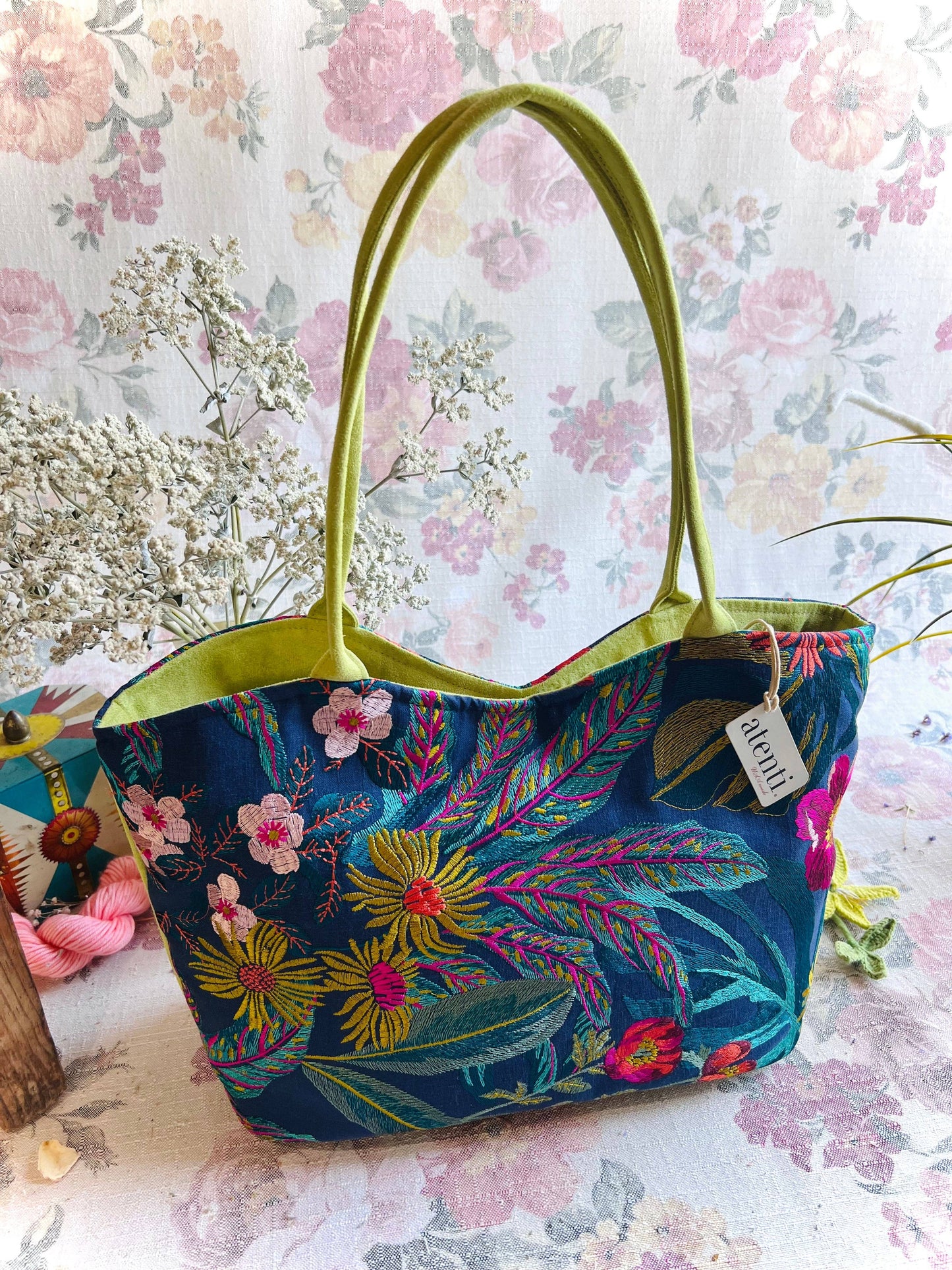 Embroidered Floral Shoulder Bag and Pouch Set