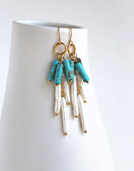 Pearl and Turquoise Dangle Earrings