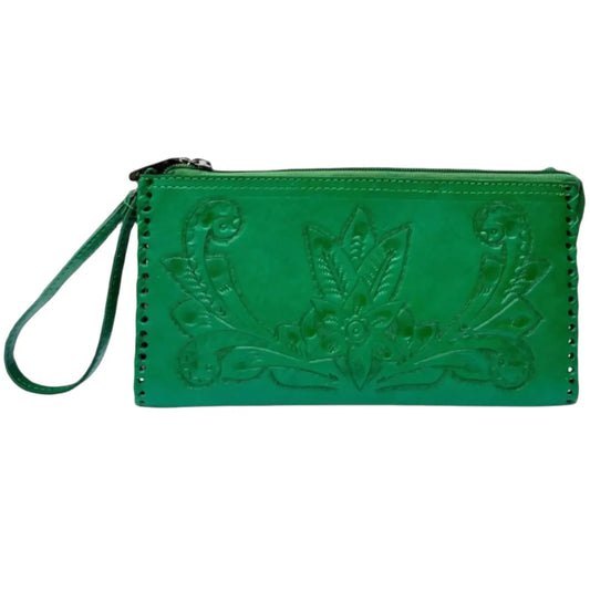 The Ella: Hand-tooled leather clutch/wristlet bag