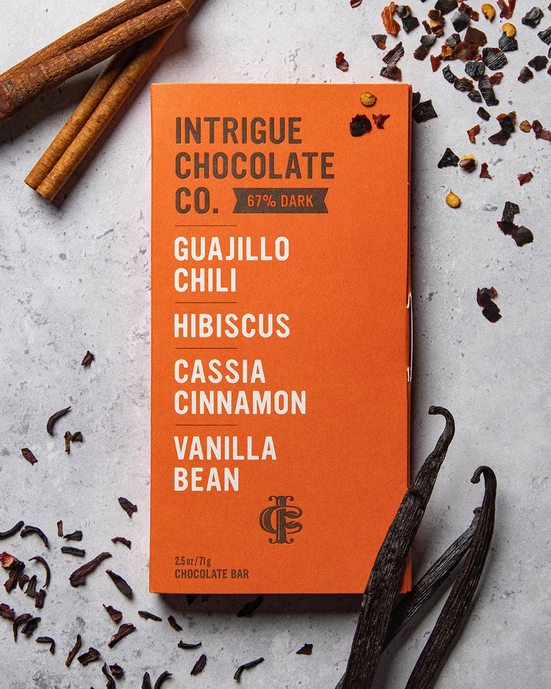 Intrigue Chocolate: Guajillo Chili, Hibiscus, Cassia Cinnamon, Vanilla Bean Bar