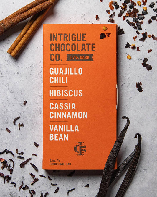 Intrigue Chocolate: Guajillo Chili, Hibiscus, Cassia Cinnamon, Vanilla Bean Bar
