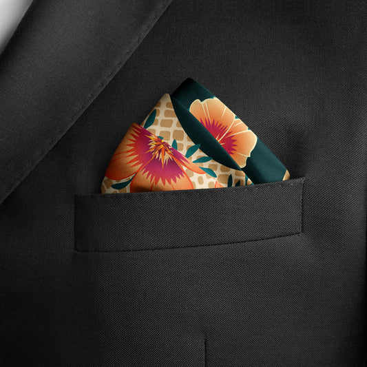 Floral pocket square in a black suit pocket