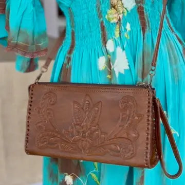 The Ella: Hand-tooled leather clutch/wristlet bag
