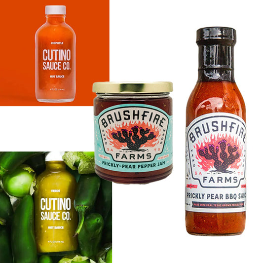 Collection of various hot sauce bottles and jars.