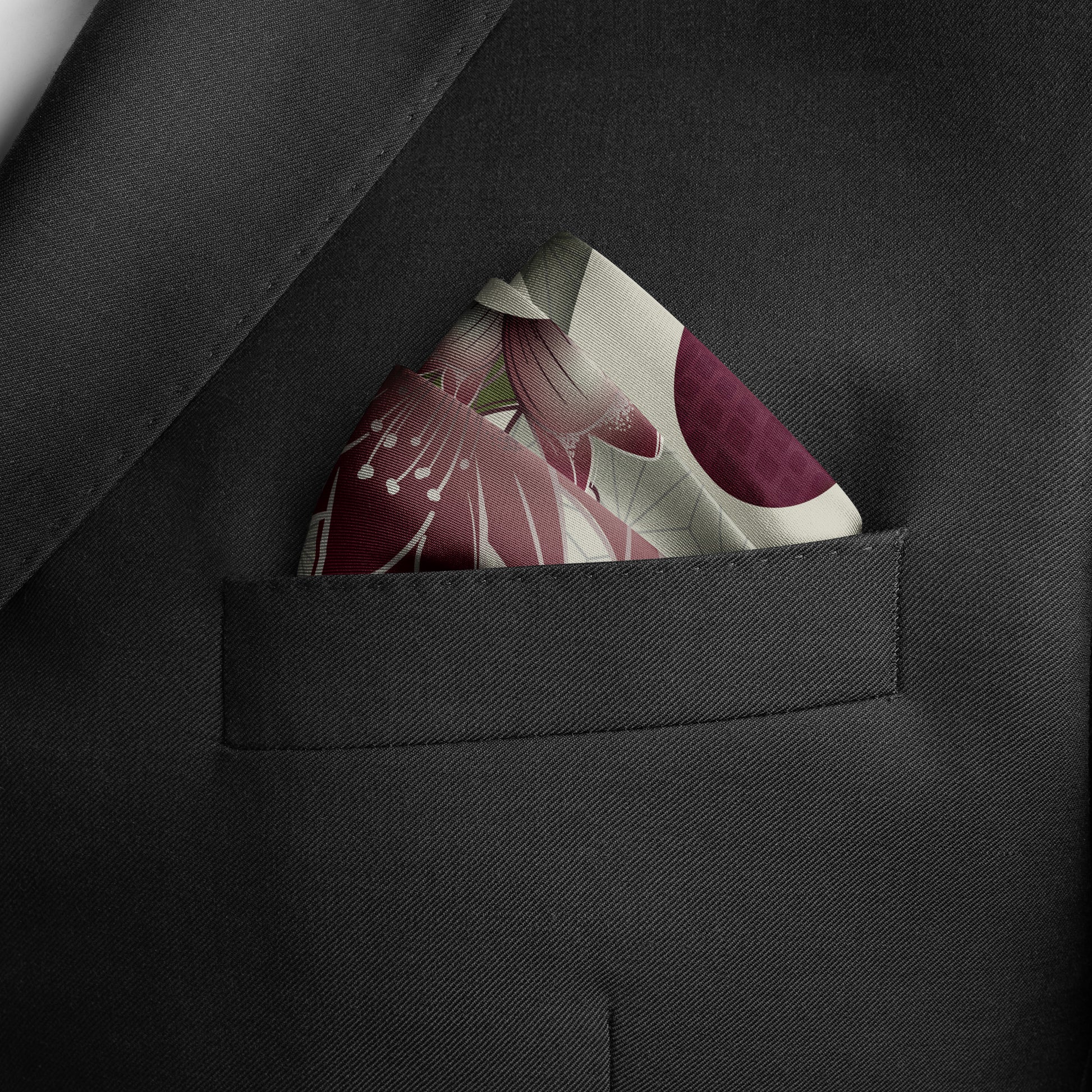 Floral pocket square in a black suit pocket