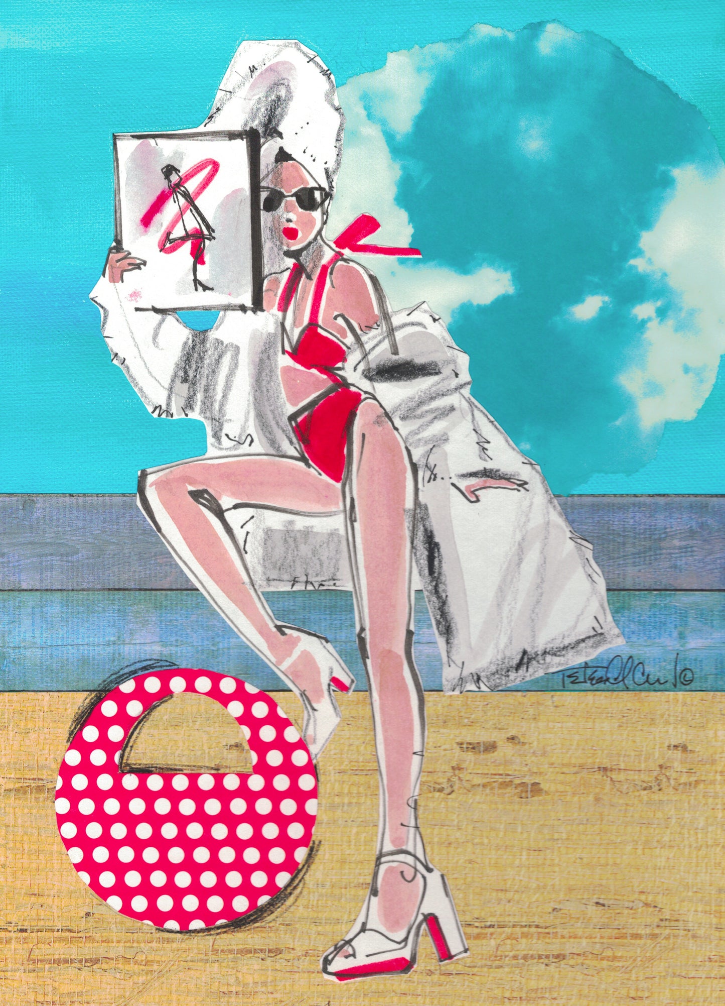 A colorful collage featuring a fashion illustration of a woman headed to a spa day at a resort