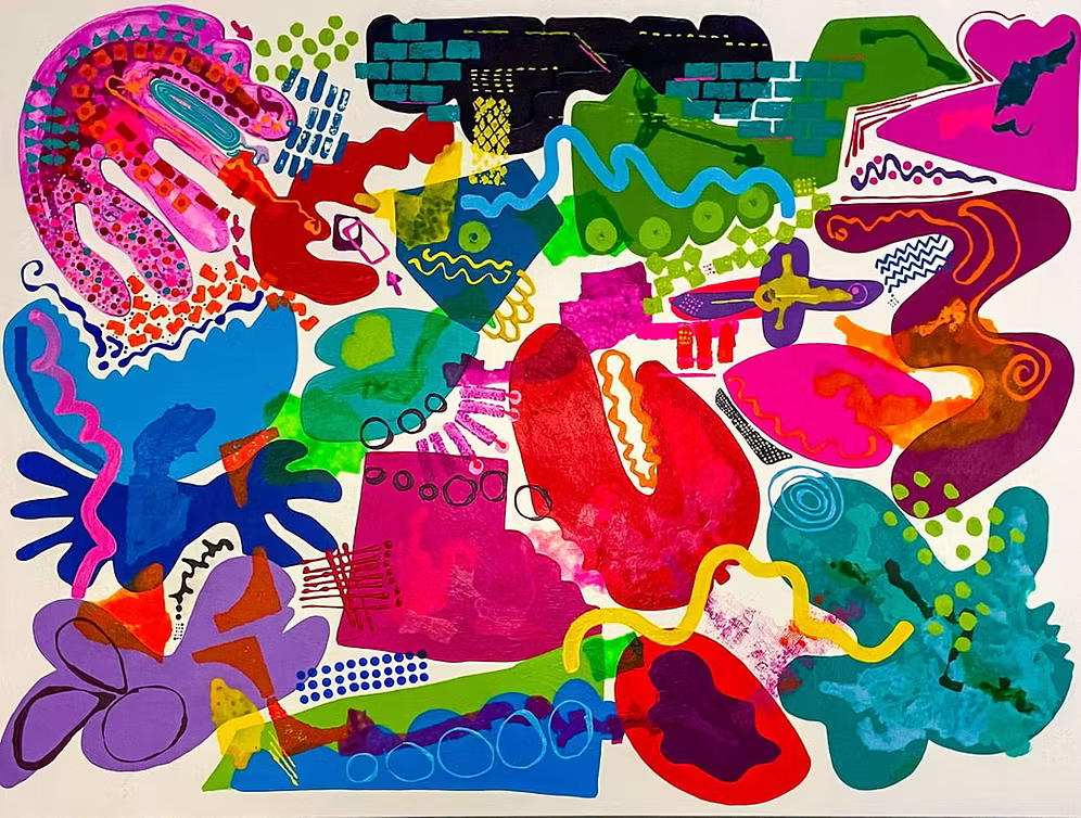 Modern art with bold colors, various shapes and textures as a large format painting
