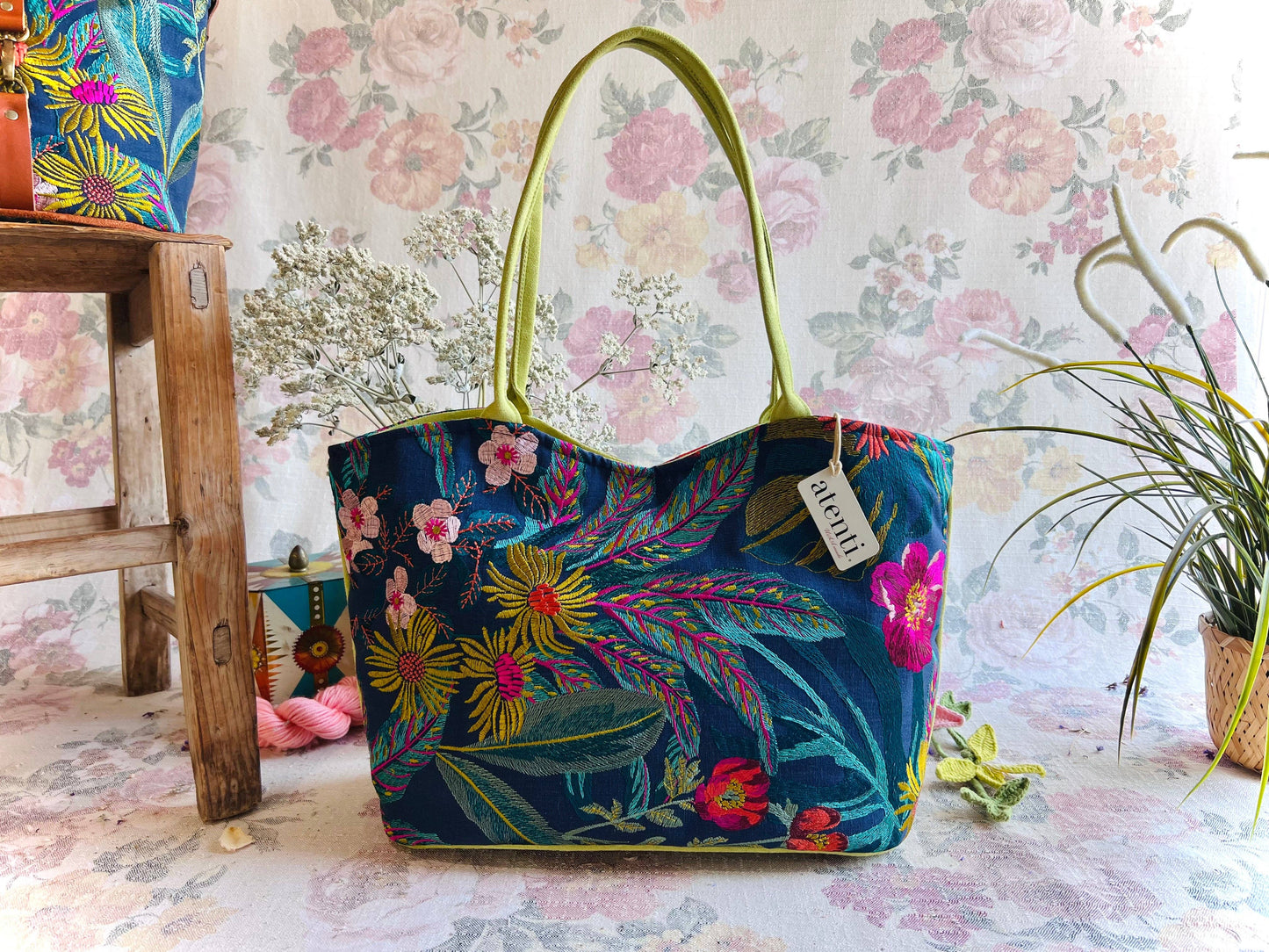 Embroidered Floral Shoulder Bag and Pouch Set