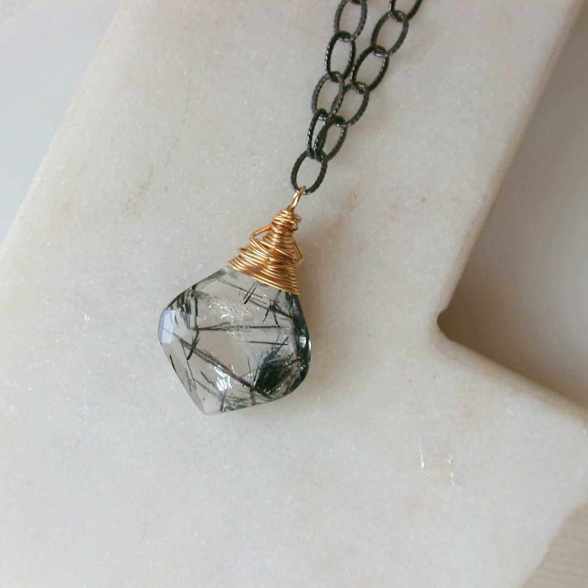 Rutilated Quartz and Mixed Metal Gemstone Necklace
