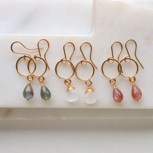 Petite Gemstone Gold Drop Earrings. Choose Gemstone