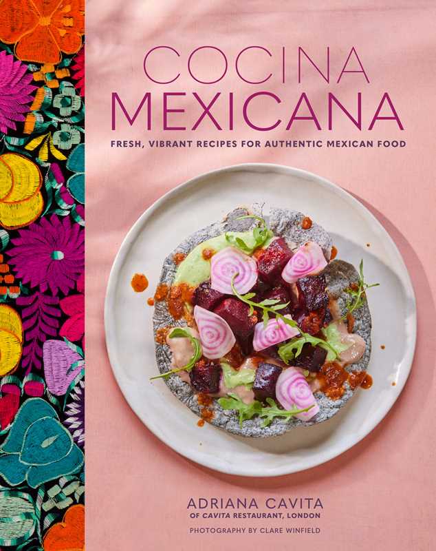 Book cover of 'Cocina Mexicana' with colorful design and food photograph on pink background