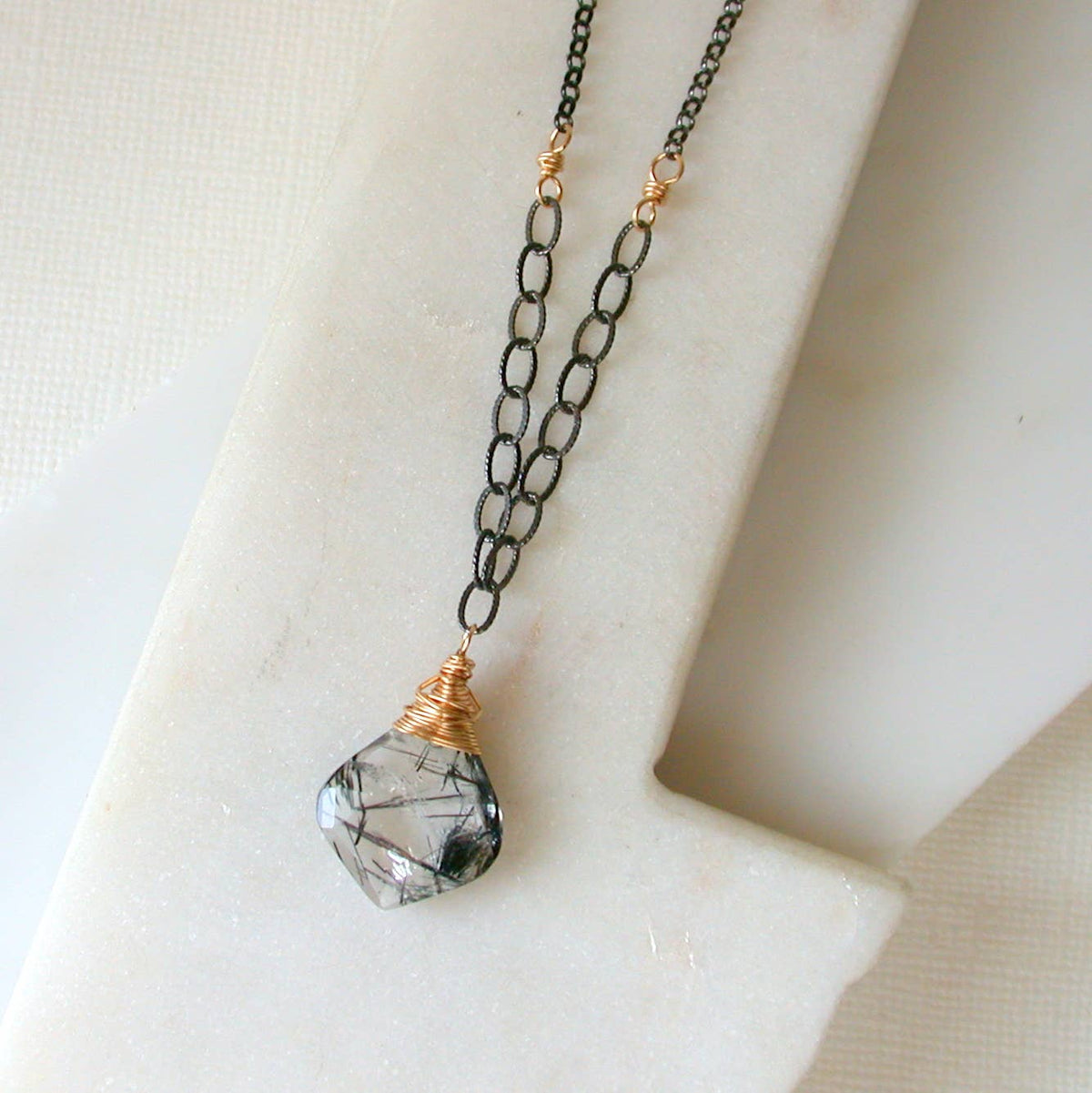 Rutilated Quartz and Mixed Metal Gemstone Necklace