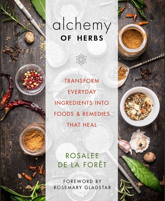 Book cover of 'Alchemy of Herbs' with herbs and ingredients on a wooden surface.